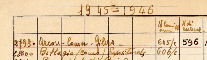 Figura 2. Scansione di uno stralcio del quaderno che riporta parte dell’elenco con i lavori effettuati dalla ditta Aletti nel periodo 1945-46. Da questa scansione è possibile osservare che l’organo di Arcore è stato costruito con il numero di serie 596, su commissione del Comm. Gilera.