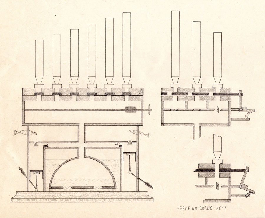 Disegno dell'organo idraulico di Ctesibio (III° secolo a.C.)