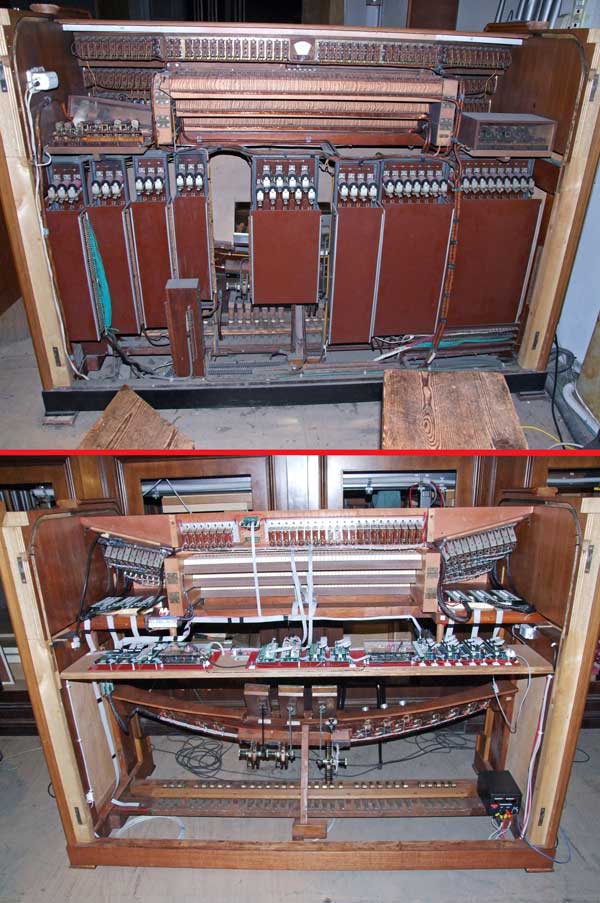 Consolle elettromeccanica del grande organo della Collegiata di Seregno.