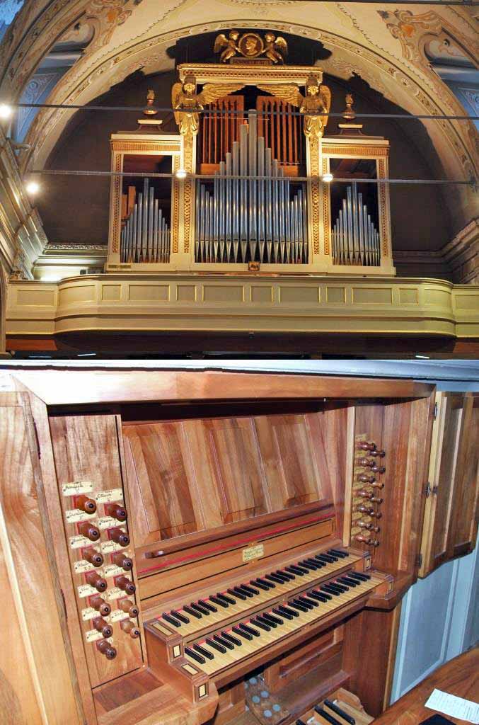 il nuovo organo della Parrocchia di S. Ambrogio di Merate (foto sopra). La nuova consolle con le ante di protezione aperte (foto sotto).
