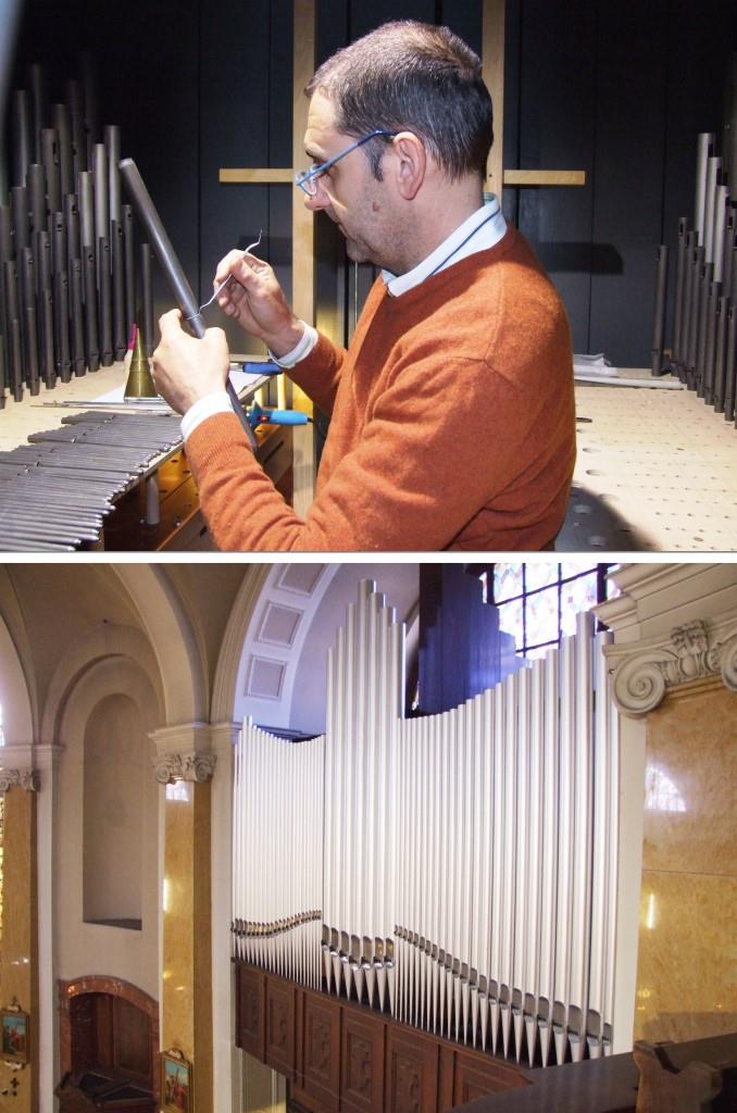 Antonio Corno mentre intona una canna del Grand’Organo della Basilica di Seregno (foto sopra). L’Organo Positivo della Basilica di Seregno ripreso il giorno stesso 