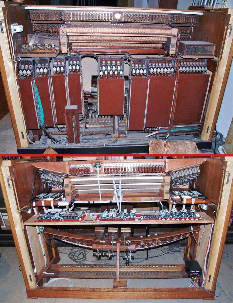 la stessa consolle con i due sistemi: elettromeccanico (immagine superiore) elettronico digitale (immagine inferiore).