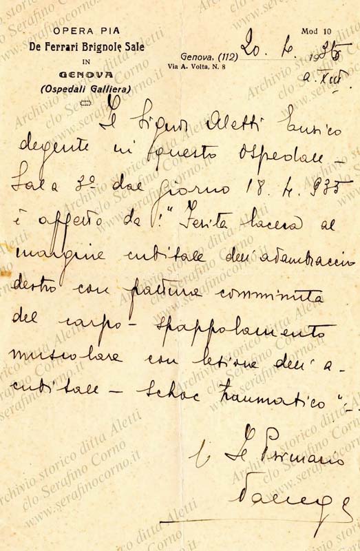 Figura 10 - Il certificato medico manoscritto a inchiostro di china datato 20-4-1935. Come si evince dal documento la diagnosi è stata rilasciata dal medico primario responsabile del reparto di degenza della sala 3° presso l’ospedale “Galliera” di Genova dove Enrico Aletti era ricoverato dal 18-4-1935. Anche questo documento mi è stato gentilmente fornito dalla figlia di Enrico Sig.ra Angela Aletti. 