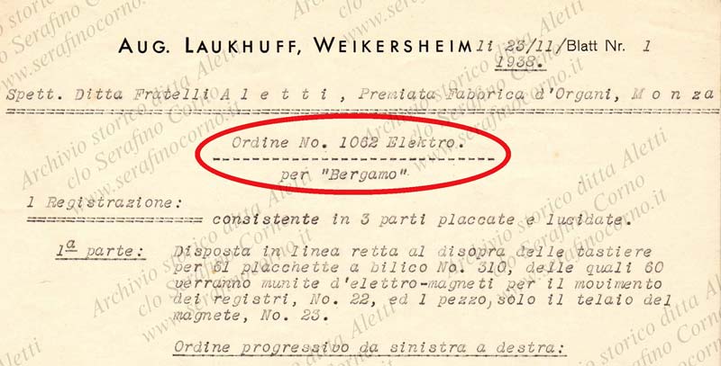 Figura 13 - Stralcio della specifica di fornitura con i chiari riferimenti al contratto 1062 Elektro per “Bergamo”; la data del documento è la stessa della lettera di Laukhuff di Fig.11.