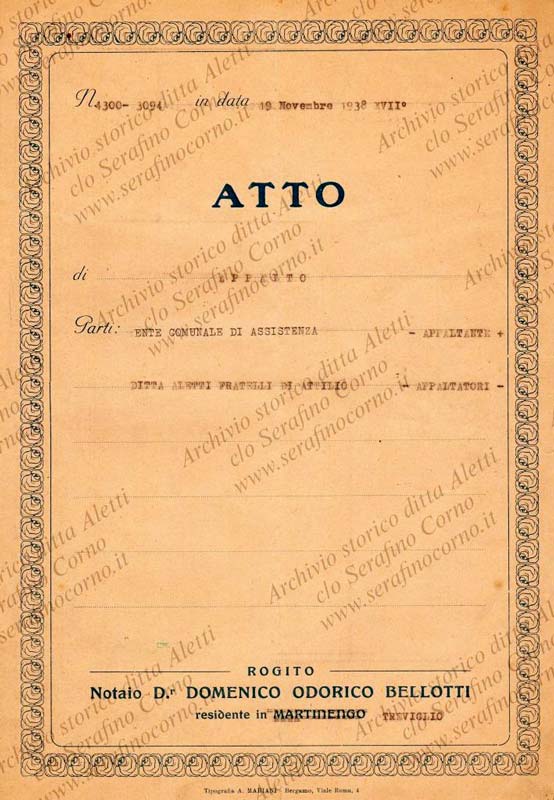 Figura 14 - L’atto notorio stipulato tra la casa organaria “Fratelli Aletti” e l’Ente Comunale di Assistenza finanziatore del progetto.