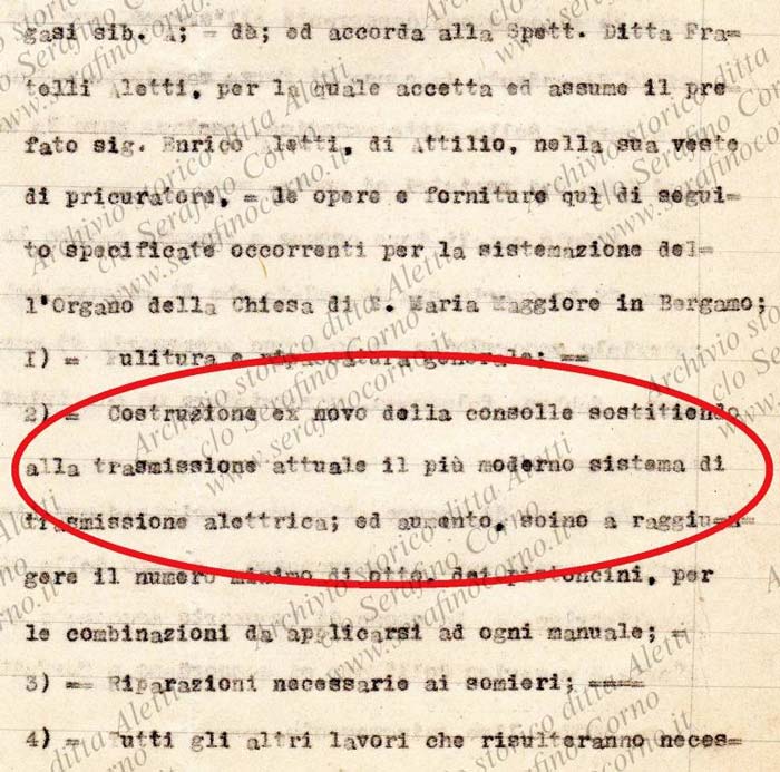 Figura 15 - Stralcio del contratto di Fig.14 che riporta chiaramente i riferimenti per la costruzione della nuova consolle a trasmissione elettrica da collocare all’organo sito nella chiesa di S.Maria Maggiore a Bergamo.