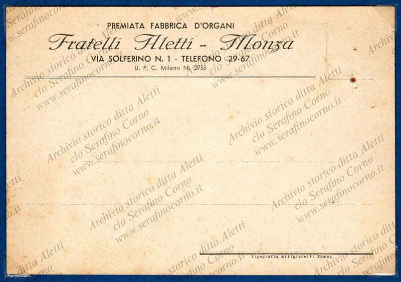 Figura 18 - La cartolina postale stampata della casa organaria “Fratelli Aletti”.