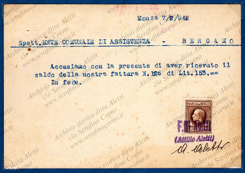 Figura 19 - La parte a tergo della stessa cartolina di Fig.18 con gli estremi della ricevuta di pagamento effettuato dall’Ente Comunale di Assistenza.