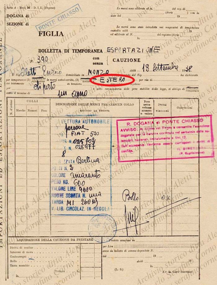 Figura 2 - Il documento doganale datato 13 settembre 1938; in evidenza nell’ovale si legge chiaramente la destinazione “Estero”.