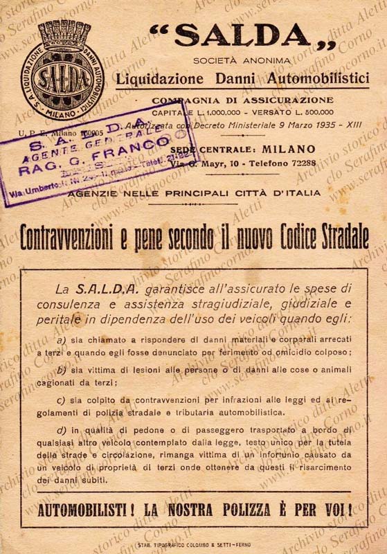 Figura 21 - La compagnia assicurativa con la quale Enrico Aletti nel 1938 aveva stipulato il contratto per la propria autovettura.