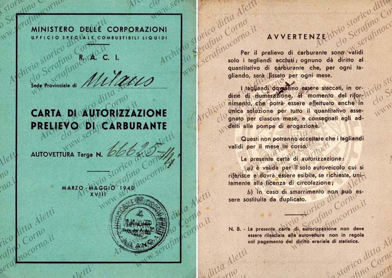 Figura 22 - La tessera di “regime” per il prelievo di carburante assegnato alla vettura di Enrico Aletti.