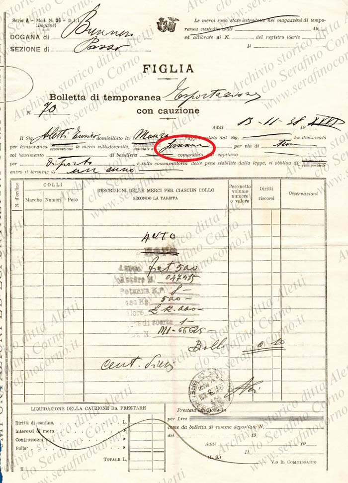 Figura 6 - Il secondo documento doganale datato 13 novembre 1938 che è stato rinvenuto nell’archivio “Aletti”; come si può facilmente osservare, nella casella “destinazione” evidenziata dall’ovale rosso, viene chiaramente indicato “Germania”. 
