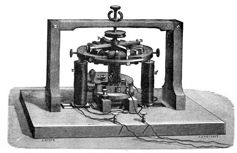 Stampa d’epoca che raffigura il prototipo originale della dinamo di Pacinotti.