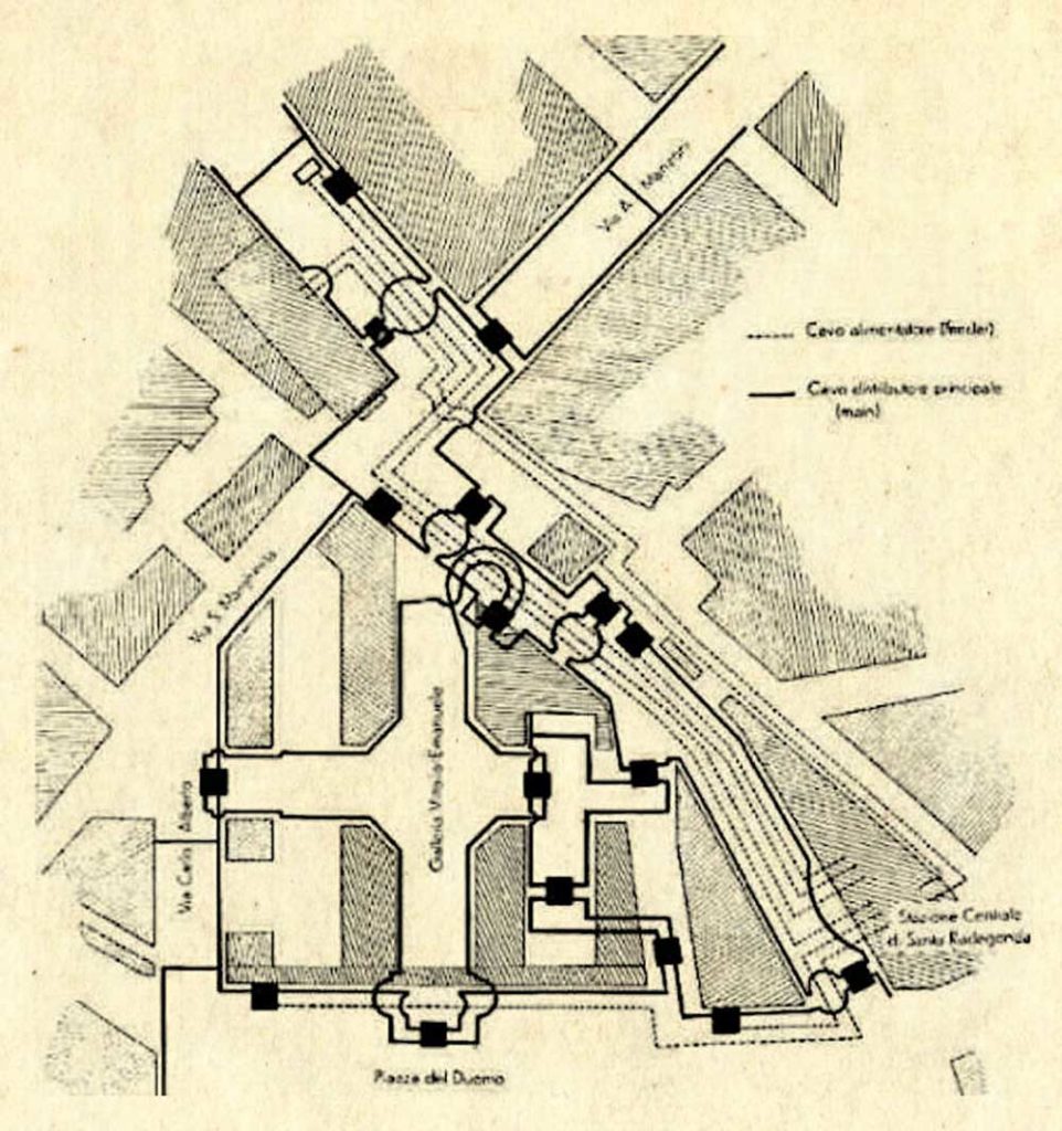 Piantina che mostra l’ubicazione e la posa dei primi “cavi” interrati e le relative “scatole di giunzione”. Come è facile osservare la centrale di S. Radegonda è situata in basso a destra mentre, sempre in basso ma verso il centro, è stata indicata la piazza del Duomo.