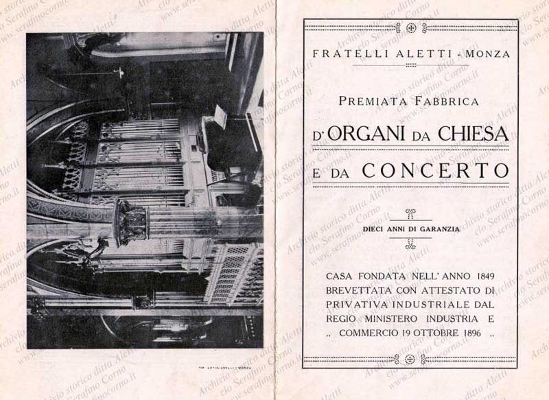 La pagina iniziale e finale del pieghevole che riporta il certificato di collaudo dell’organo Aletti sito nella chiesa degli “Artigianelli” di Monza.