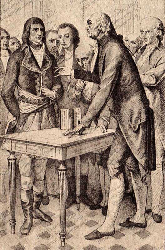 Lo scienziato italiano Alessandro Volta (1745-1827) mentre dimostra a Napoleone Bonaparte il funzionamento della sua pila elettrica (11 novembre 1801).